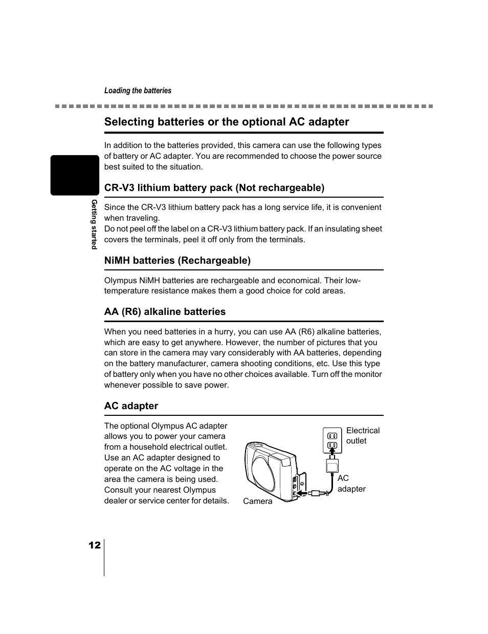Selecting batteries or the optional ac adapter | Olympus CAMEDIA C-2 ZOOM User Manual | Page 13 / 140