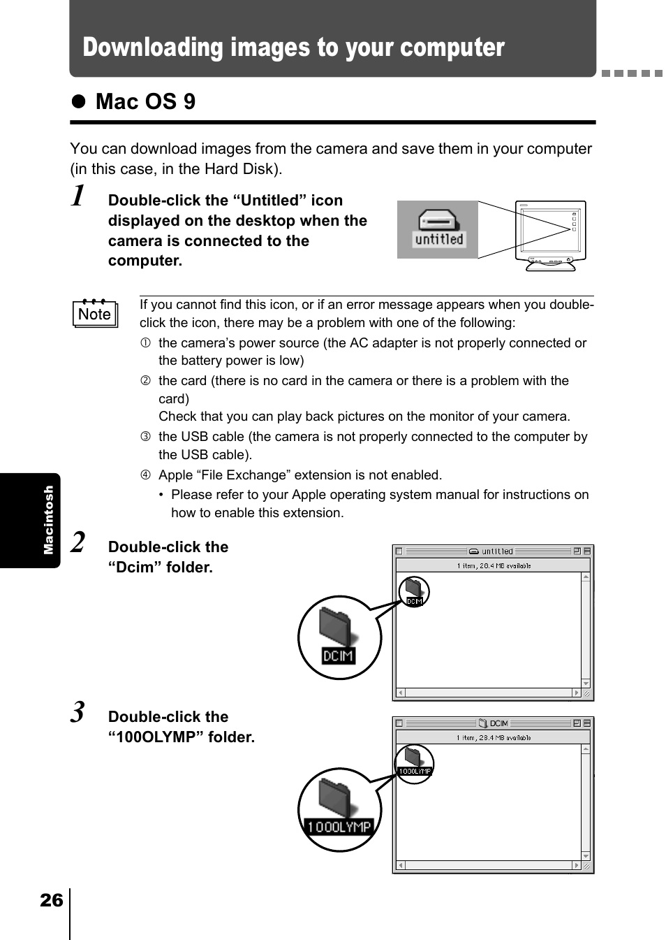 Downloading images to your computer, Mac os 9, Mac p.26) | Olympus CAMEDIA C-2 ZOOM User Manual | Page 134 / 140