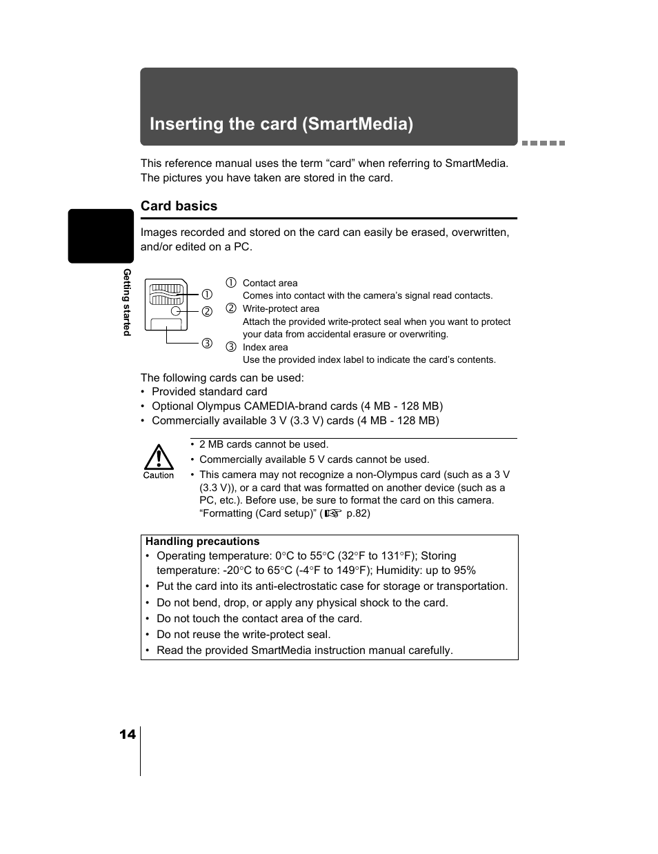 Inserting the card (smartmedia), C d e | Olympus CAMEDIA C-2 ZOOM User Manual | Page 15 / 140