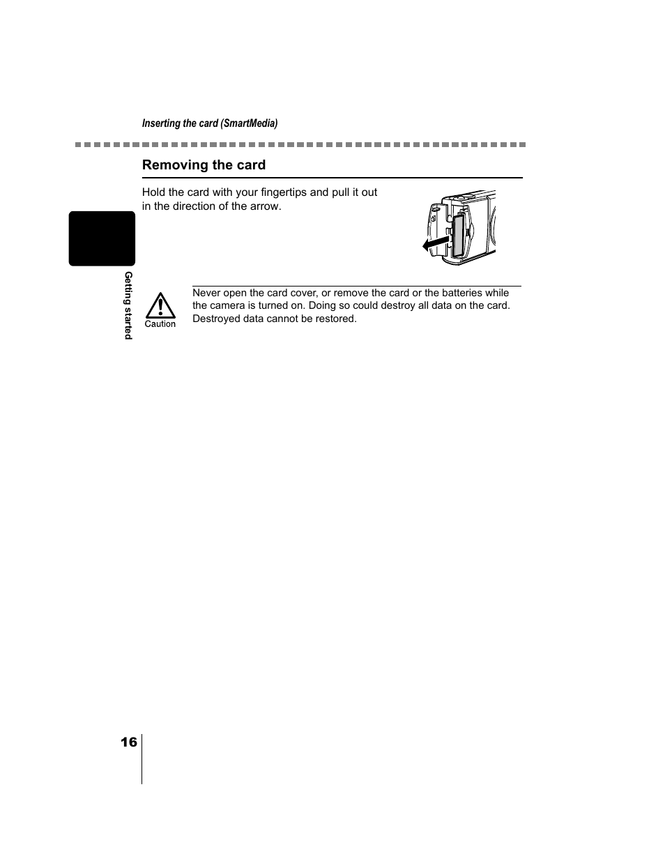 Removing the card | Olympus CAMEDIA C-2 ZOOM User Manual | Page 17 / 140