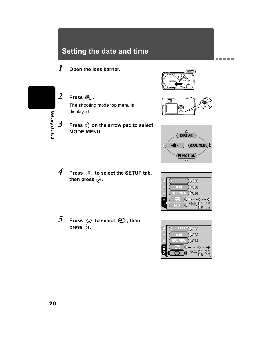 Setting the date and time, P.20 | Olympus CAMEDIA C-2 ZOOM User Manual | Page 21 / 140