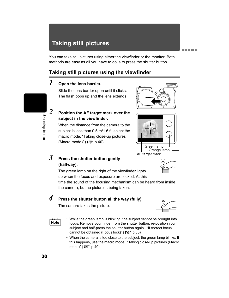 Taking still pictures, Taking still pictures using the viewfinder, P.30 | Olympus CAMEDIA C-2 ZOOM User Manual | Page 31 / 140