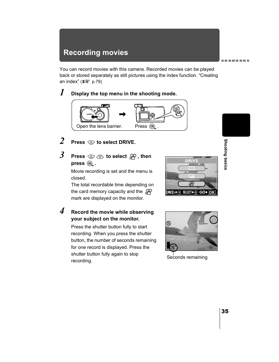 Recording movies, P.35 | Olympus CAMEDIA C-2 ZOOM User Manual | Page 36 / 140