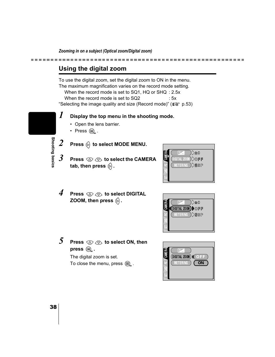 Using the digital zoom, P.38, P.38) | Olympus CAMEDIA C-2 ZOOM User Manual | Page 39 / 140
