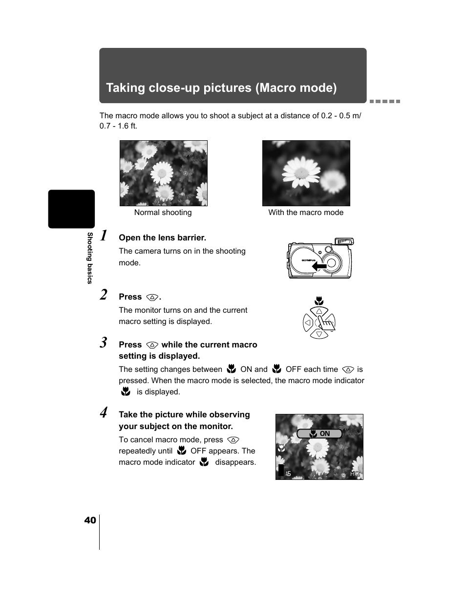 Taking close-up pictures (macro mode), P.40, Mode. “taking close-up pictures (macro mode) | P.40), Taking close-up pictures (macro, Mode) | Olympus CAMEDIA C-2 ZOOM User Manual | Page 41 / 140