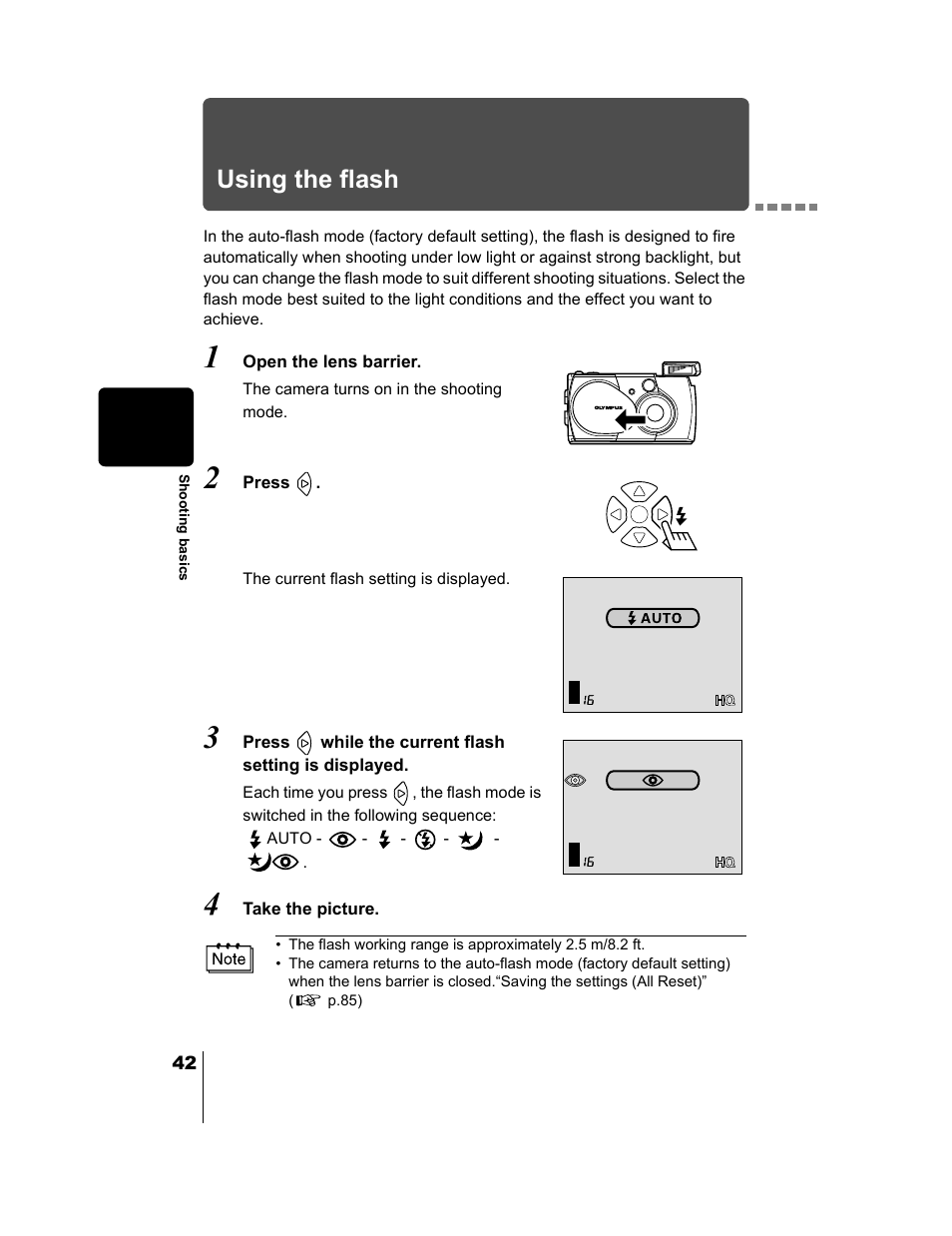 Using the flash, Formatting (card setup), P.42 | Olympus CAMEDIA C-2 ZOOM User Manual | Page 43 / 140