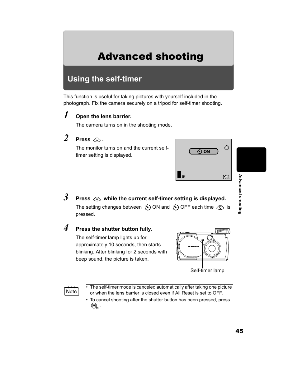 Advanced shooting, Using the self-timer, P.45 | Olympus CAMEDIA C-2 ZOOM User Manual | Page 46 / 140