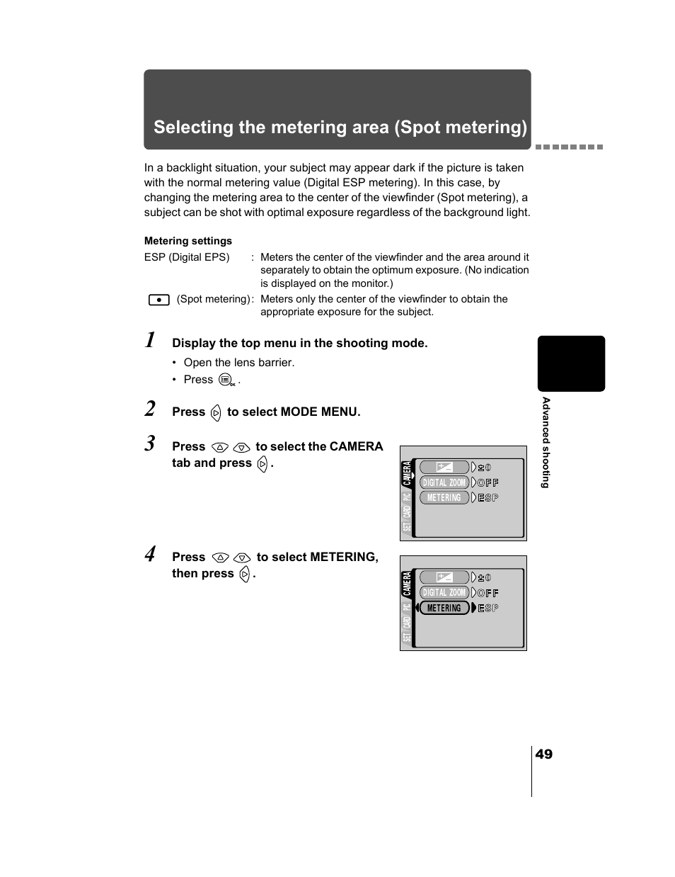 Selecting the metering area (spot metering), P.49 | Olympus CAMEDIA C-2 ZOOM User Manual | Page 50 / 140