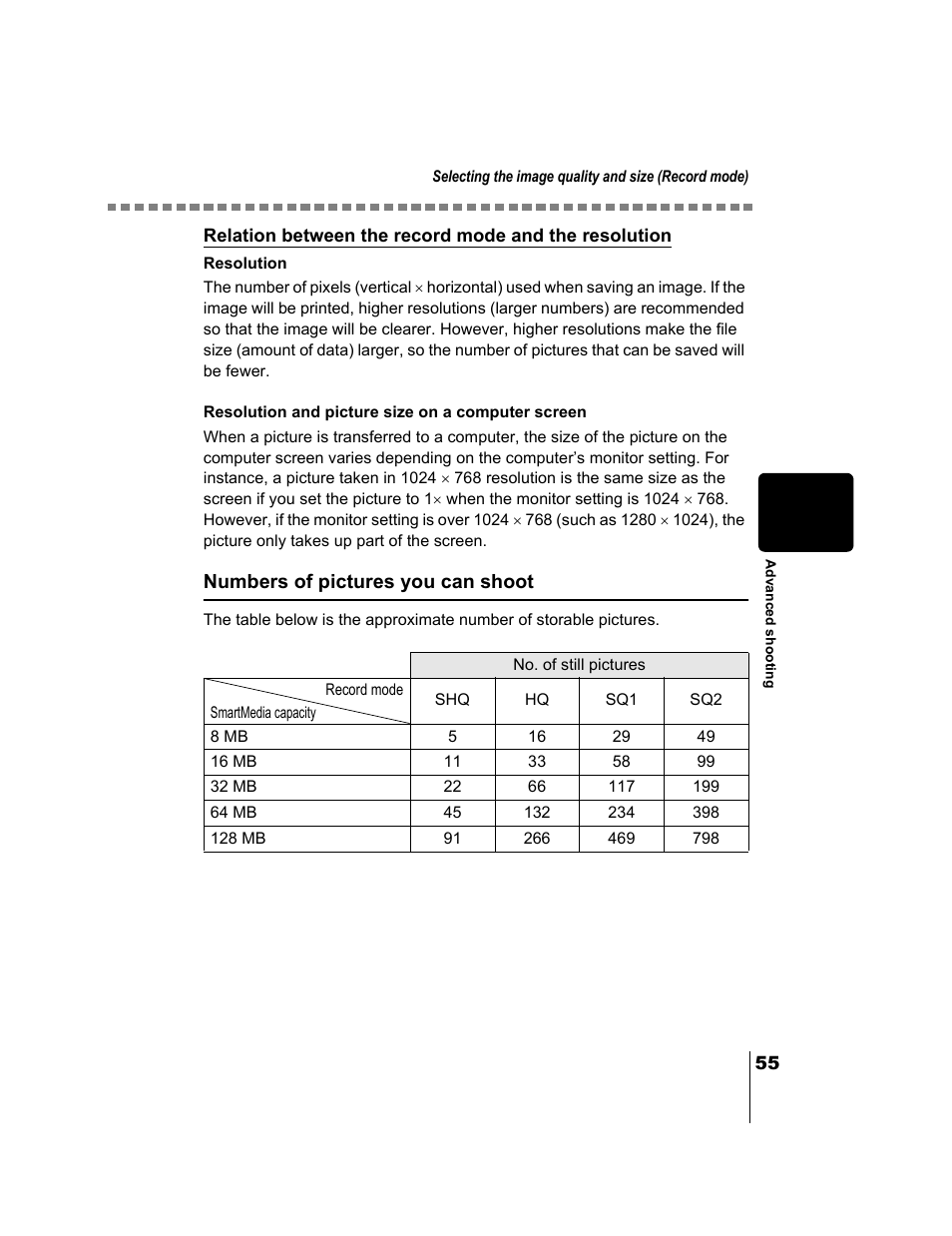 Relation between the record mode, And the resolution, P.55 | Olympus CAMEDIA C-2 ZOOM User Manual | Page 56 / 140