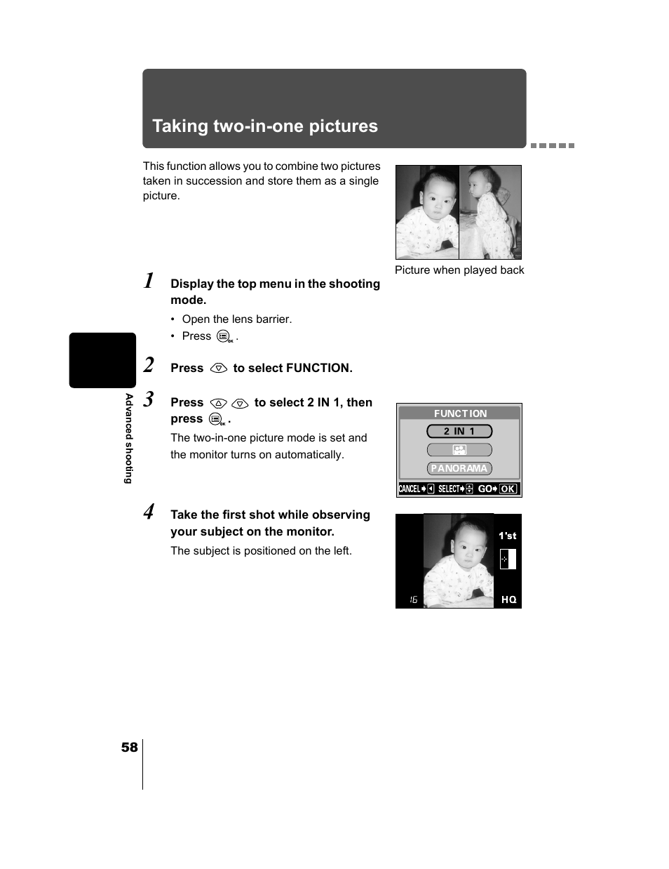 Taking two-in-one pictures, P.58 | Olympus CAMEDIA C-2 ZOOM User Manual | Page 59 / 140