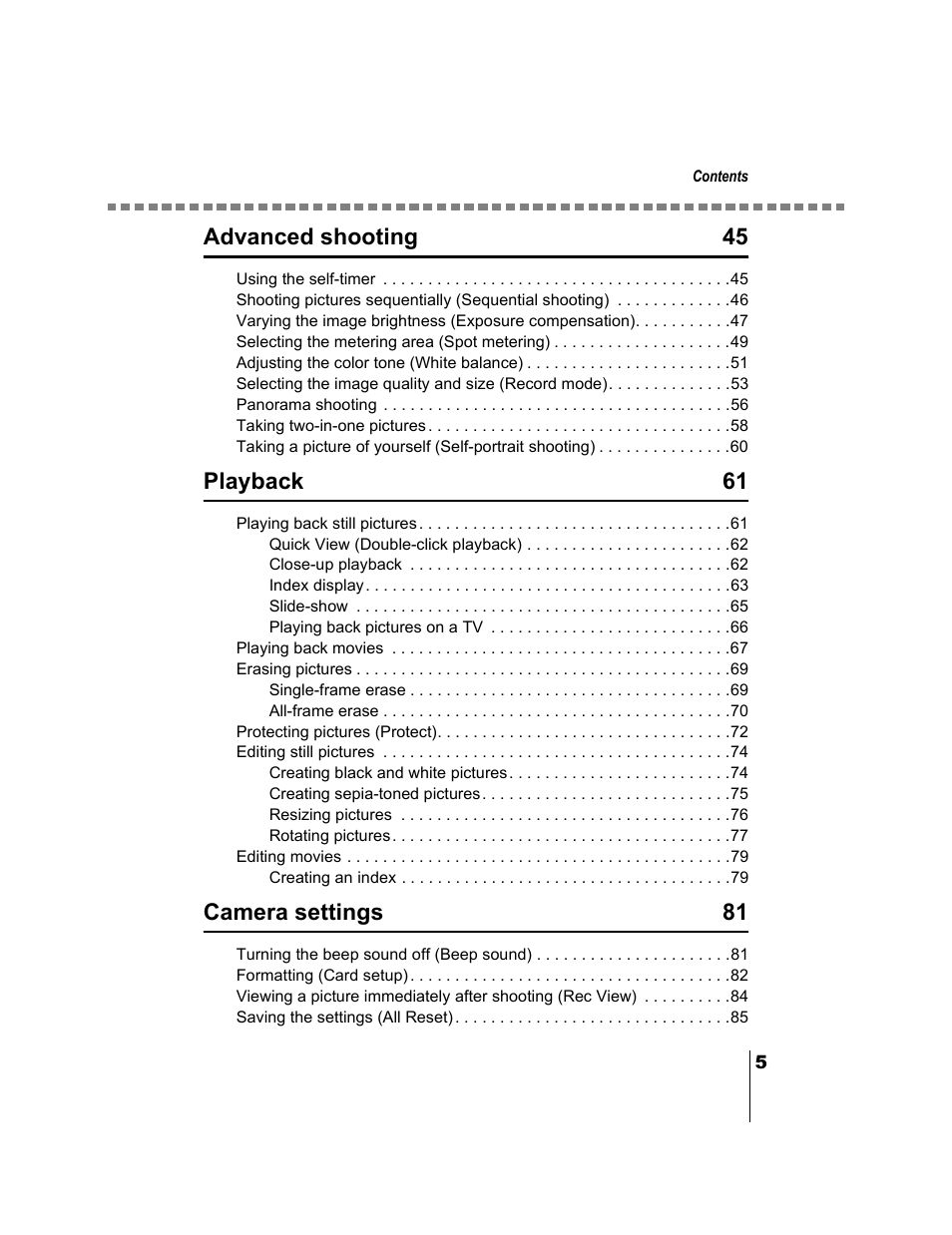 Advanced shooting 45, Playback 61, Camera settings 81 | Olympus CAMEDIA C-2 ZOOM User Manual | Page 6 / 140