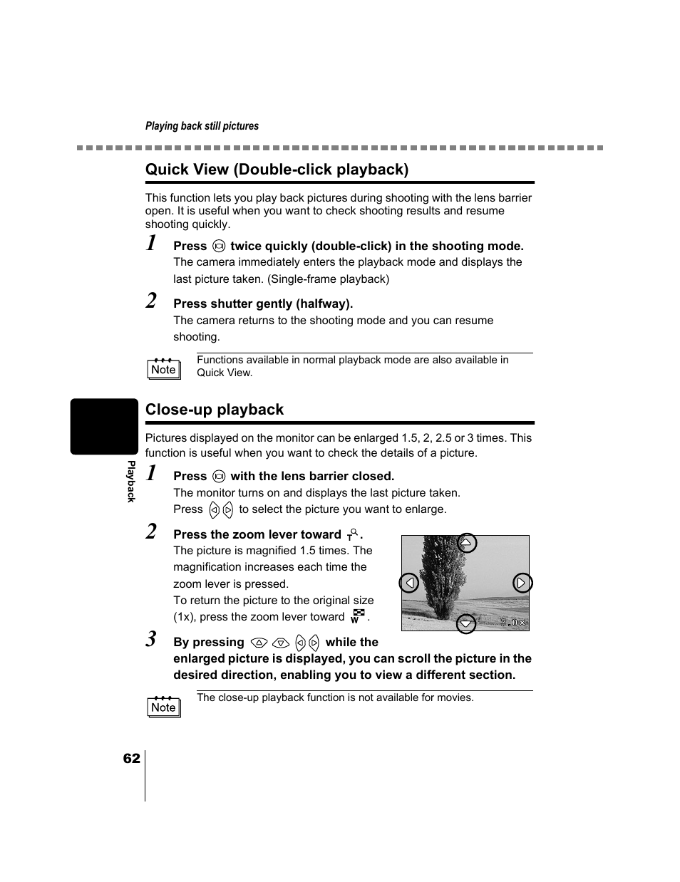 Quick view (double-click playback), Close-up playback, Back. “close-up playback | P.62) | Olympus CAMEDIA C-2 ZOOM User Manual | Page 63 / 140