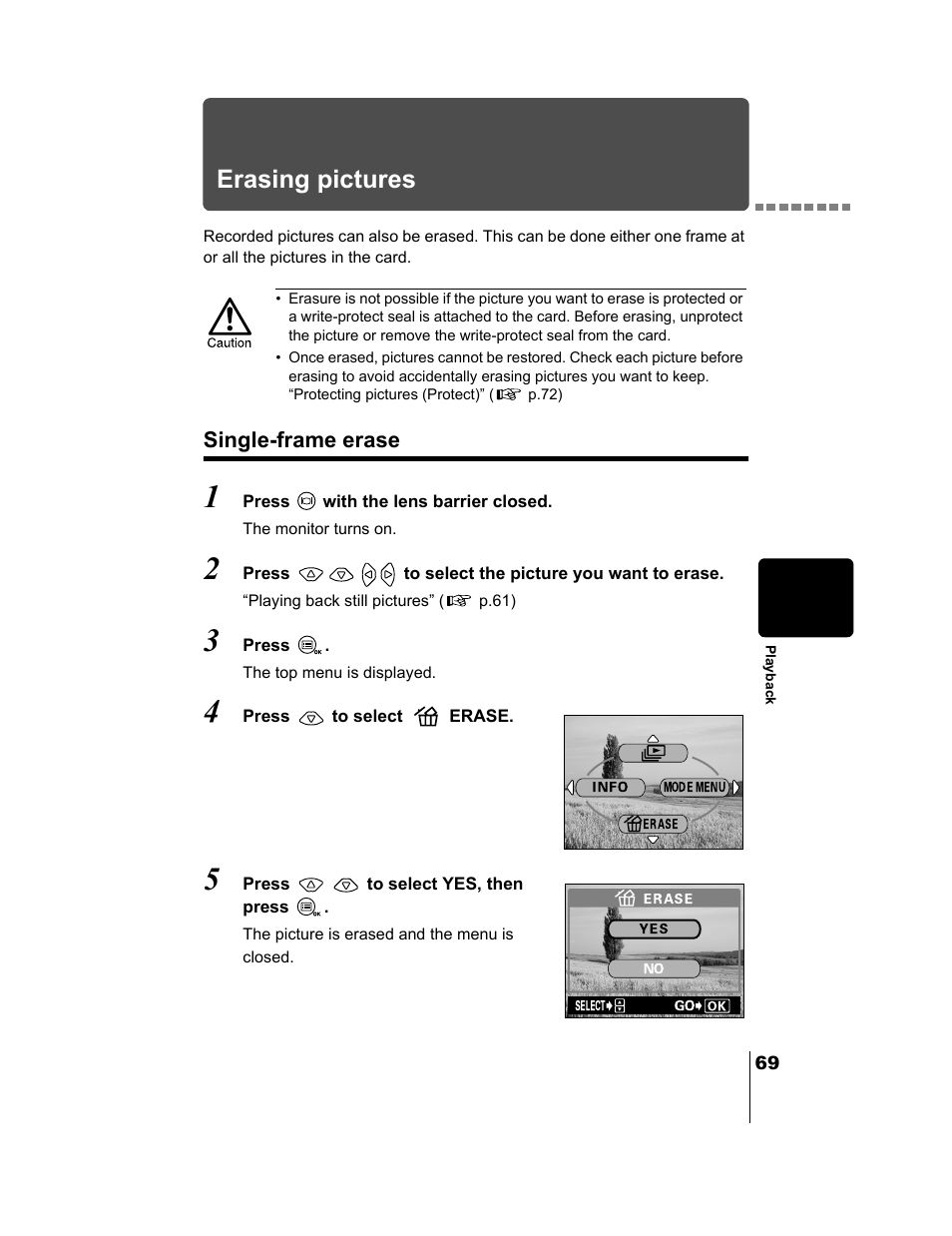 Erasing pictures, Single-frame erase, P.69 | Ds. “single-frame erase, P.69) | Olympus CAMEDIA C-2 ZOOM User Manual | Page 70 / 140