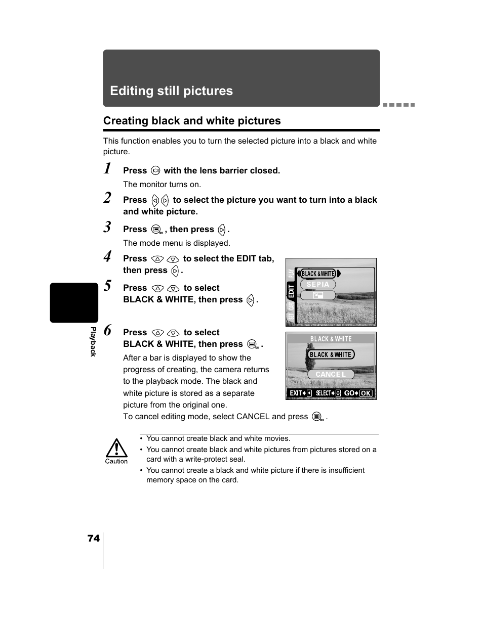 Editing still pictures, Creating black and white pictures, P.74 | Olympus CAMEDIA C-2 ZOOM User Manual | Page 75 / 140