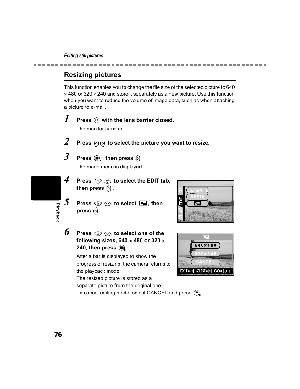 Resizing pictures, P.76 | Olympus CAMEDIA C-2 ZOOM User Manual | Page 77 / 140