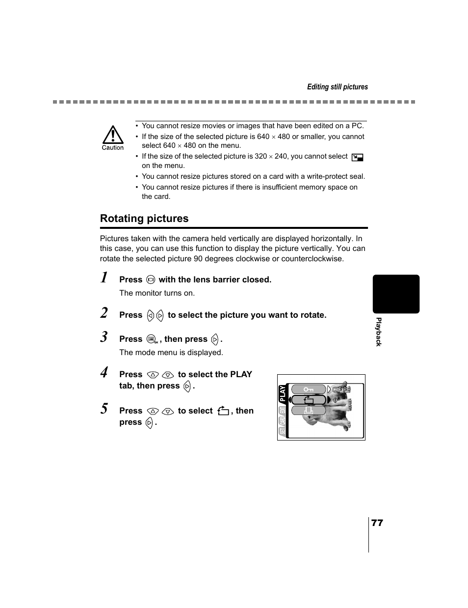 Rotating pictures, P.77 | Olympus CAMEDIA C-2 ZOOM User Manual | Page 78 / 140