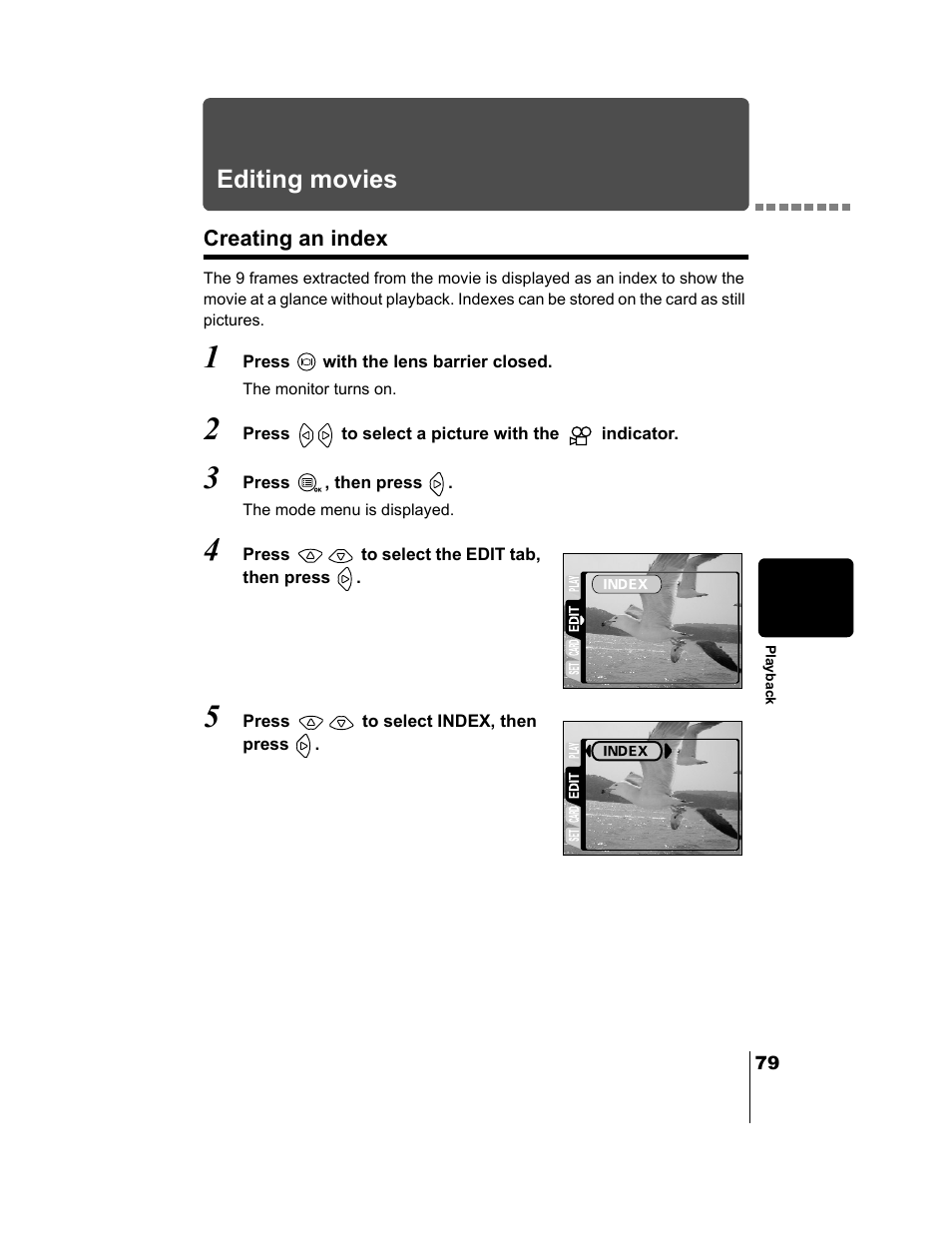 Editing movies, Creating an index, P.79 | Olympus CAMEDIA C-2 ZOOM User Manual | Page 80 / 140