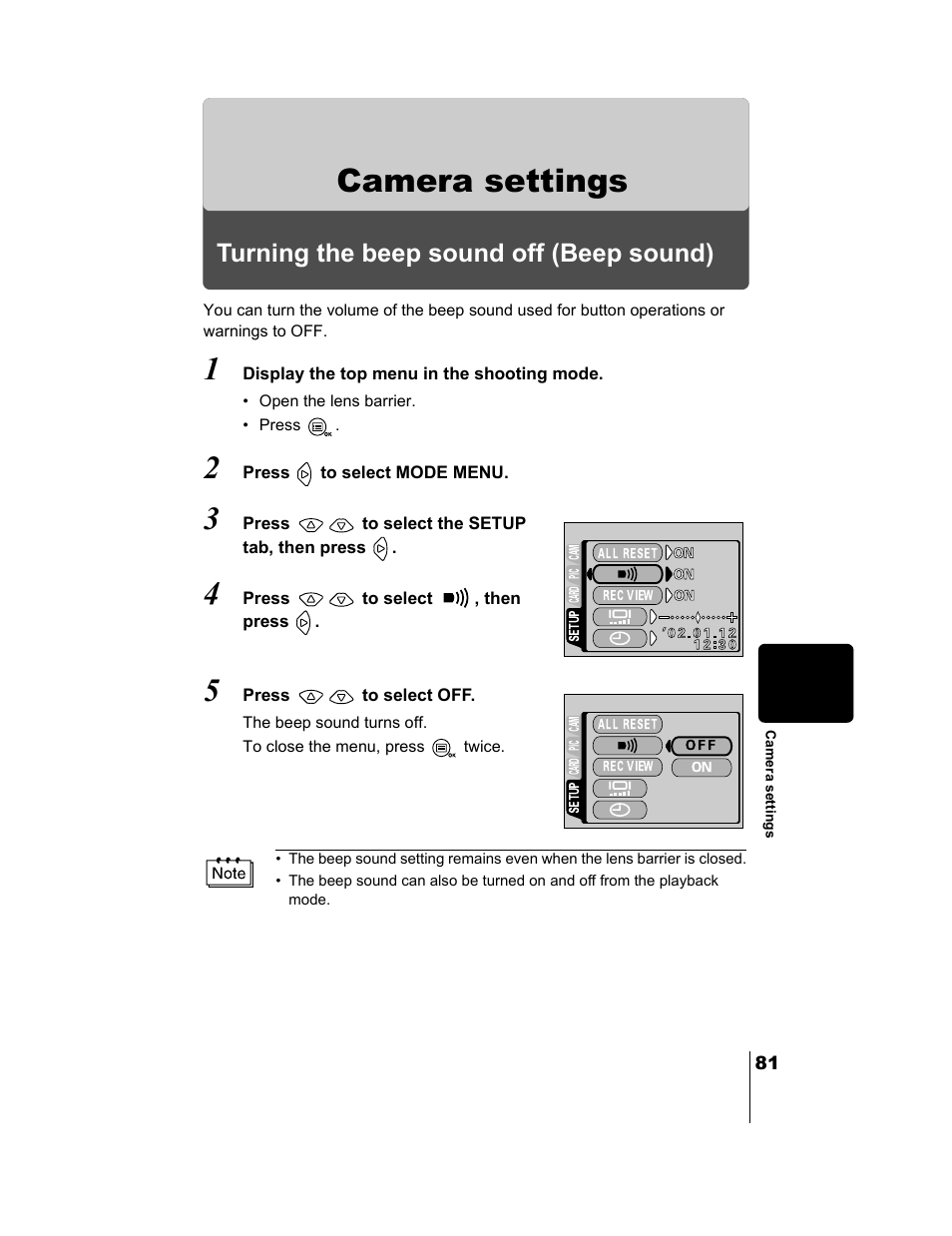 Camera settings, Turning the beep sound off (beep sound), P.81 | Olympus CAMEDIA C-2 ZOOM User Manual | Page 82 / 140