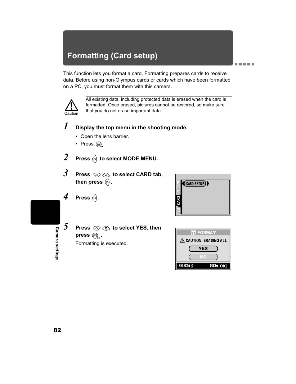 Formatting (card setup), P.82 | Olympus CAMEDIA C-2 ZOOM User Manual | Page 83 / 140