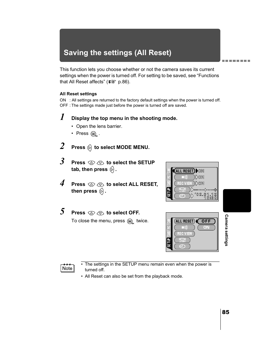 Saving the settings (all reset), P.85, Osed. “saving | The settings (all reset), P.85), Closed. “saving the settings (all reset) | Olympus CAMEDIA C-2 ZOOM User Manual | Page 86 / 140