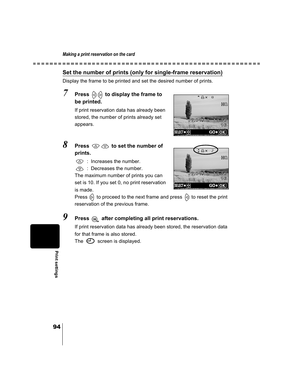 To “set the number of prints (only for single, Frame reservation), P.94) | Olympus CAMEDIA C-2 ZOOM User Manual | Page 95 / 140