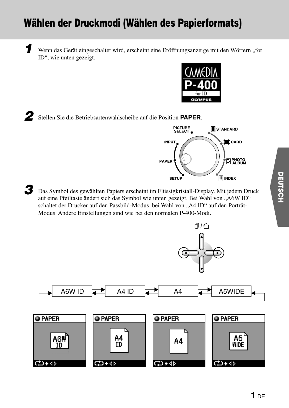 Wählen der druckmodi (wählen des papierformats) | Olympus CAMEDIA P-400ID User Manual | Page 15 / 36