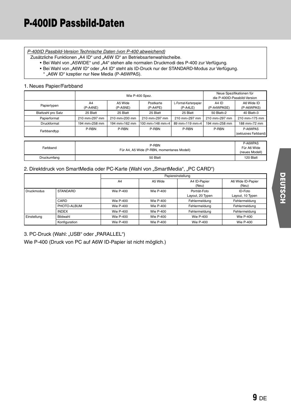 P-400id passbild-daten, Deutsch, Neues papier/farbband | Olympus CAMEDIA P-400ID User Manual | Page 23 / 36