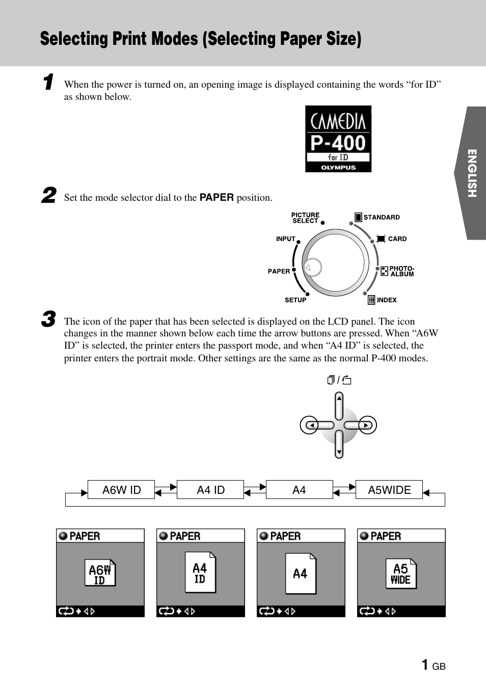 Selecting print modes (selecting paper size) | Olympus CAMEDIA P-400ID User Manual | Page 5 / 36