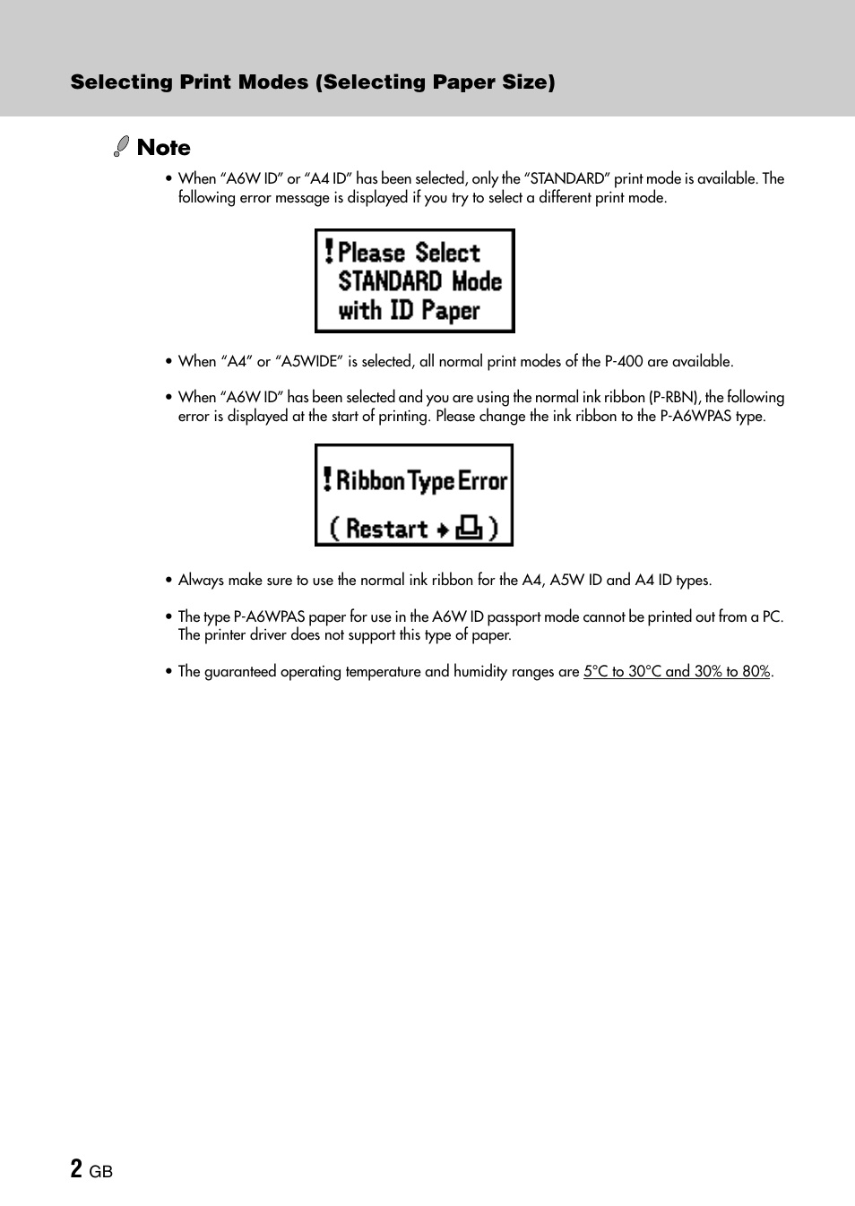Selecting print modes (selecting paper size) | Olympus CAMEDIA P-400ID User Manual | Page 6 / 36