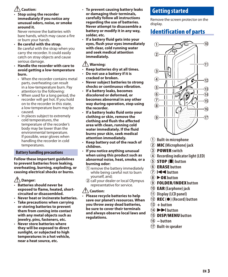 Getting started, Identification of parts | Olympus VN 7200 User Manual | Page 3 / 10