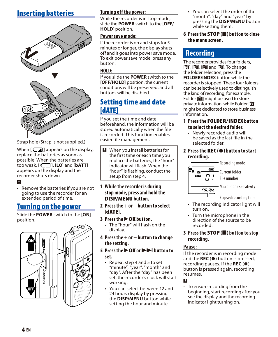 Inserting batteries, Turning on the power, Setting time and date [date | Recording | Olympus VN 7200 User Manual | Page 4 / 10