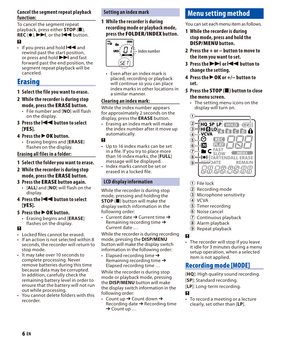 Erasing, Menu setting method, Recording mode [mode | Olympus VN 7200 User Manual | Page 6 / 10