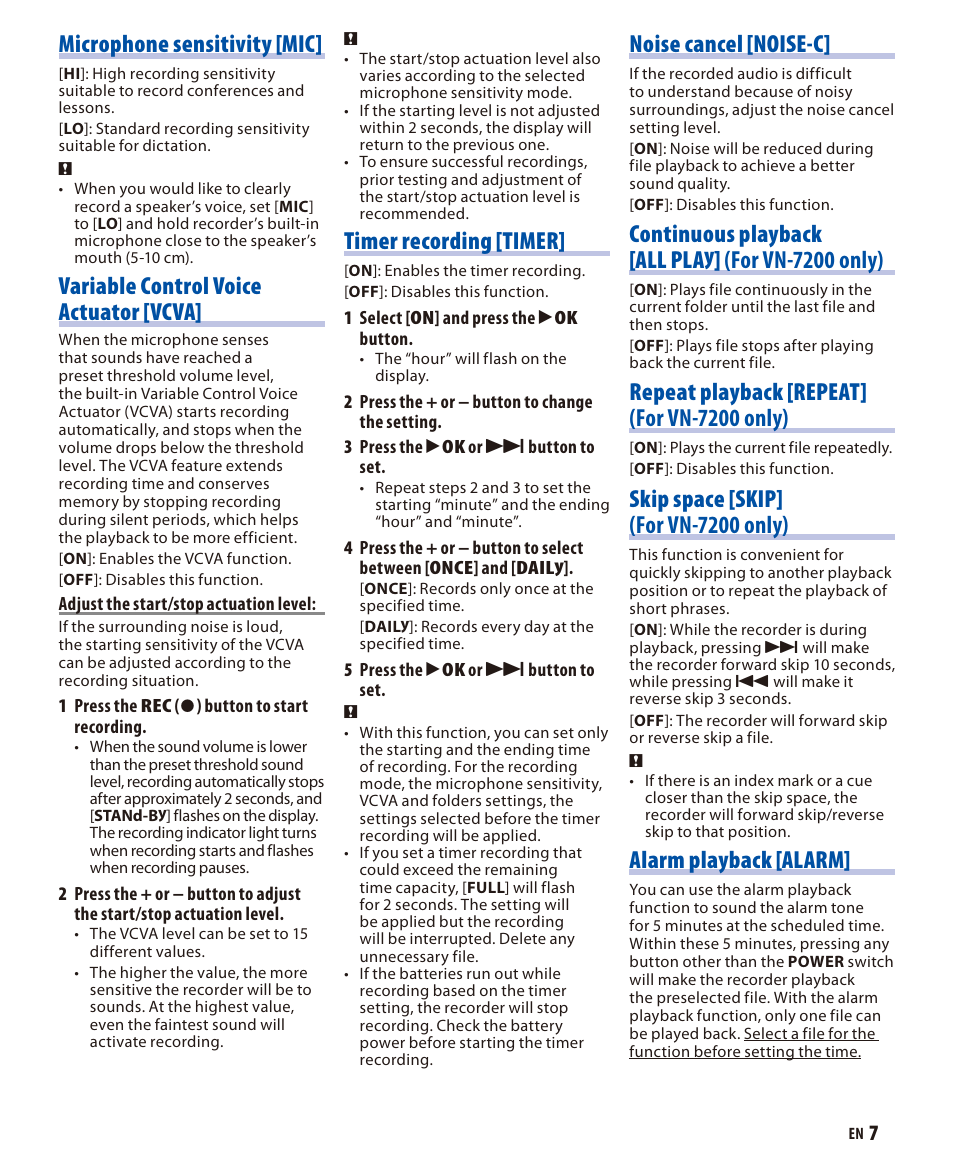 Microphone sensitivity [mic, Variable control voice actuator [vcva, Noise cancel [noise-c | Continuous playback [all play] (for vn-7200 only), Repeat playback [repeat] (for vn-7200 only), Skip space [skip] (for vn-7200 only), Alarm playback [alarm, Timer recording [timer | Olympus VN 7200 User Manual | Page 7 / 10