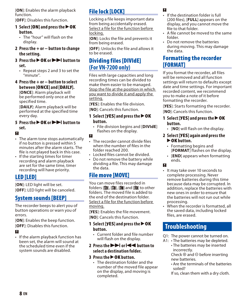 Troubleshooting, Led [led, System sounds [beep | File lock [lock, Dividing files [divide] (for vn-7200 only), File move [move, Formatting the recorder [format | Olympus VN 7200 User Manual | Page 8 / 10