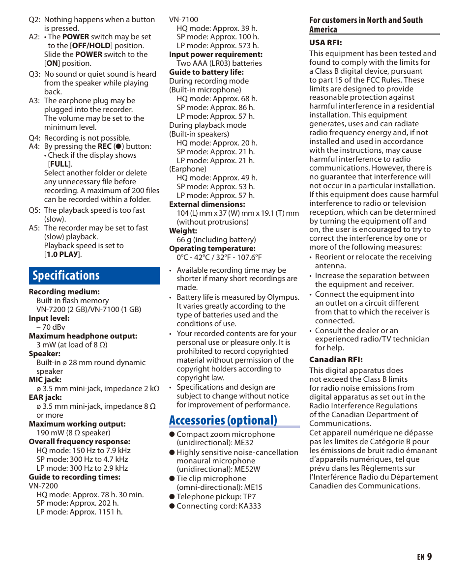 Specifications, Accessories (optional) | Olympus VN 7200 User Manual | Page 9 / 10