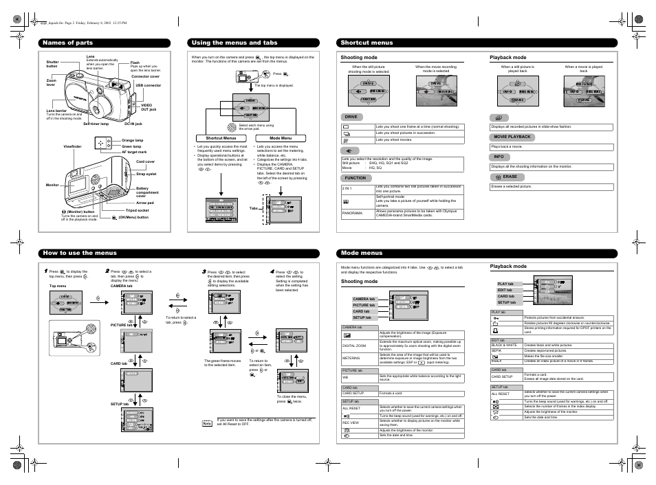 How to use the menus mode menus, Names of parts using the menus and tabs, Shortcut menus | Olympus zoom c-220 User Manual | Page 2 / 2