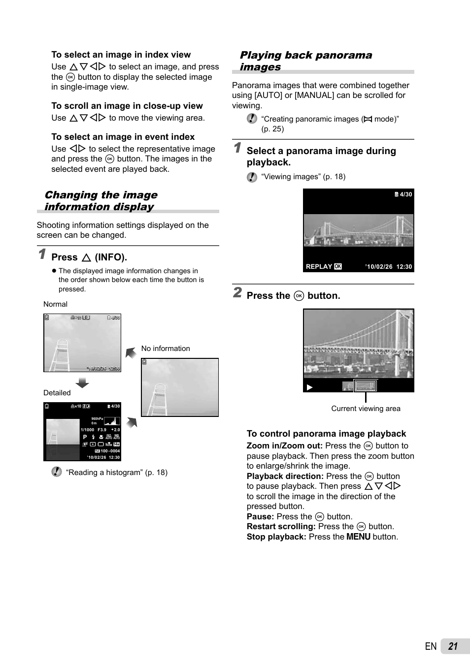 21 en, Changing the image information display, Playing back panorama images | Press f (info), Select a panorama image during playback, Press the a button | Olympus Stylus Tough-8010  EN User Manual | Page 21 / 83