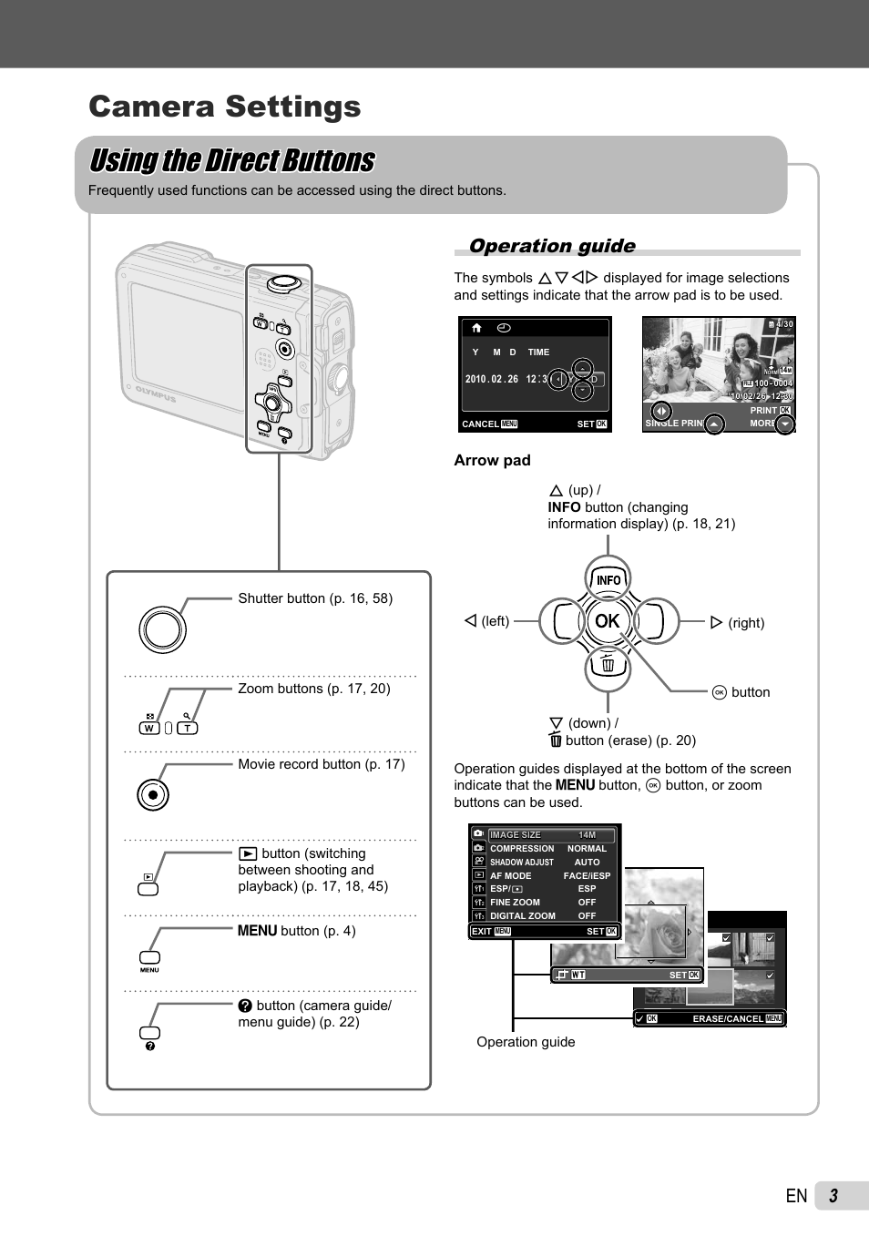 Operation guide, Arrow pad | Olympus Stylus Tough-8010  EN User Manual | Page 3 / 83