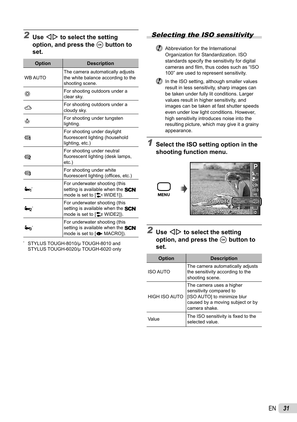 31 en, Selecting the iso sensitivity | Olympus Stylus Tough-8010  EN User Manual | Page 31 / 83