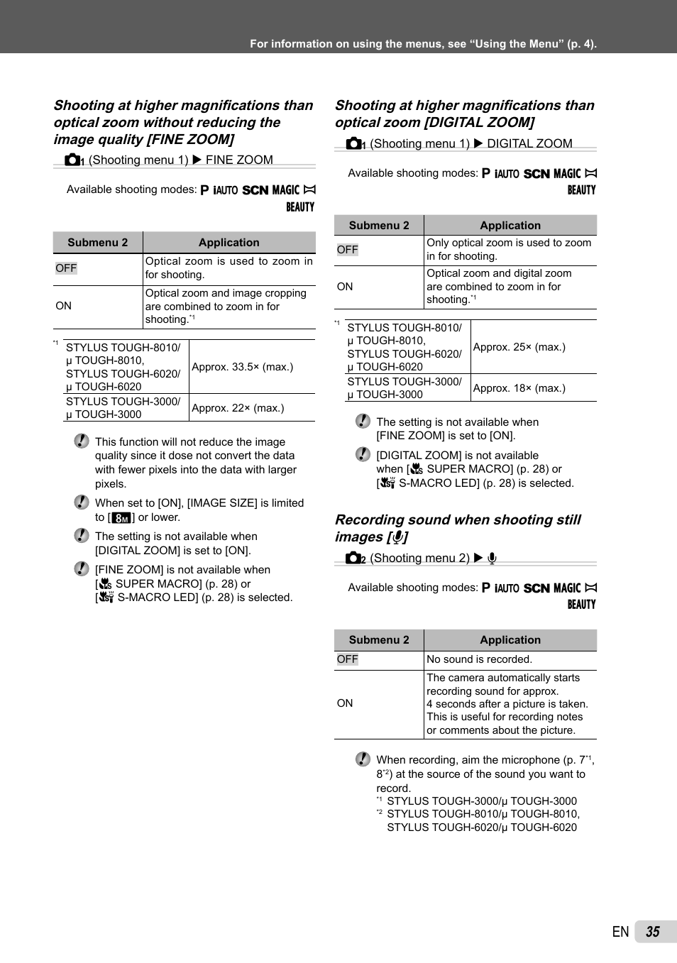 35 en, Recording sound when shooting still images [ r | Olympus Stylus Tough-8010  EN User Manual | Page 35 / 83