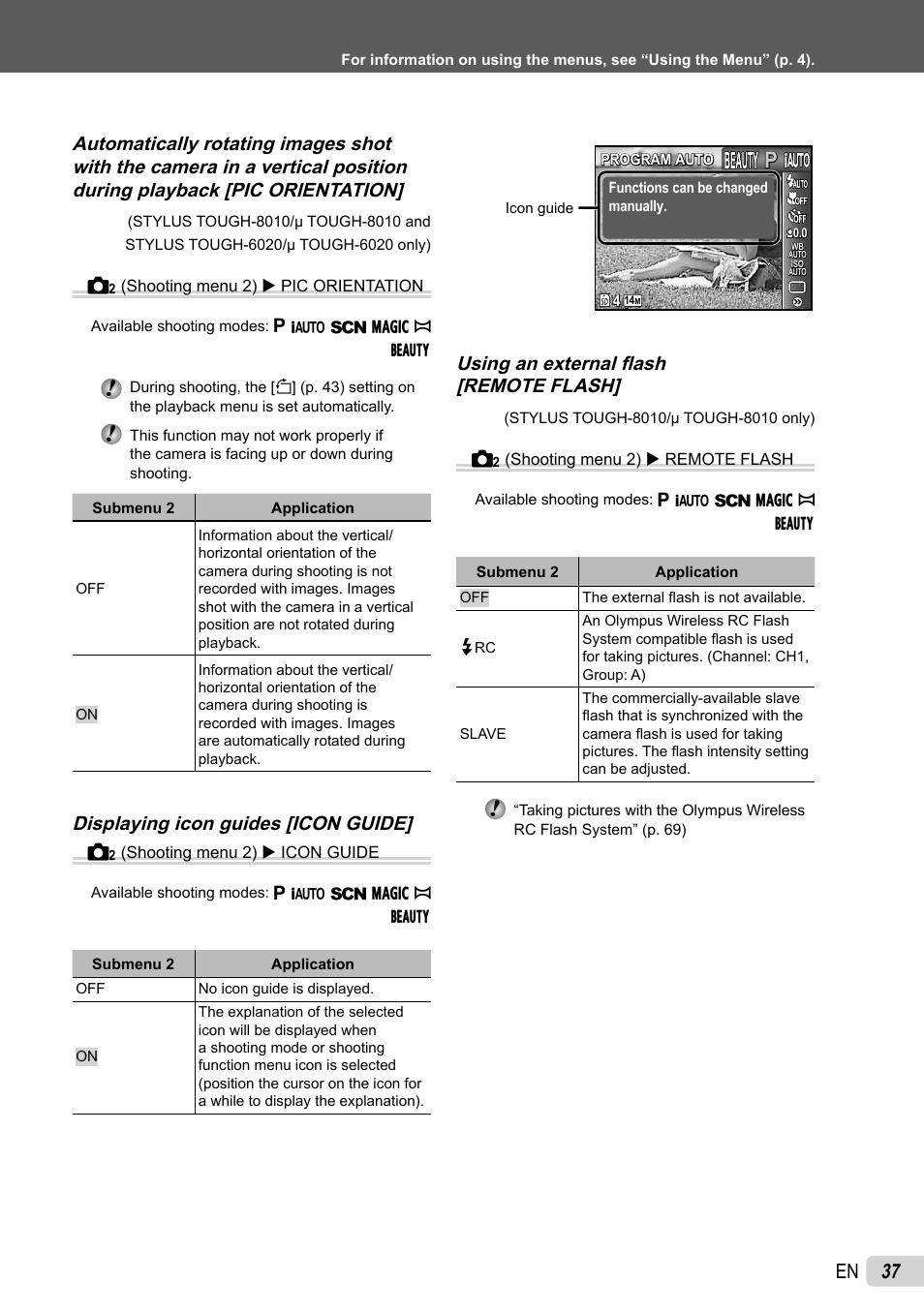 37 en, Displaying icon guides [icon guide, Using an external fl ash [remote flash | Olympus Stylus Tough-8010  EN User Manual | Page 37 / 83