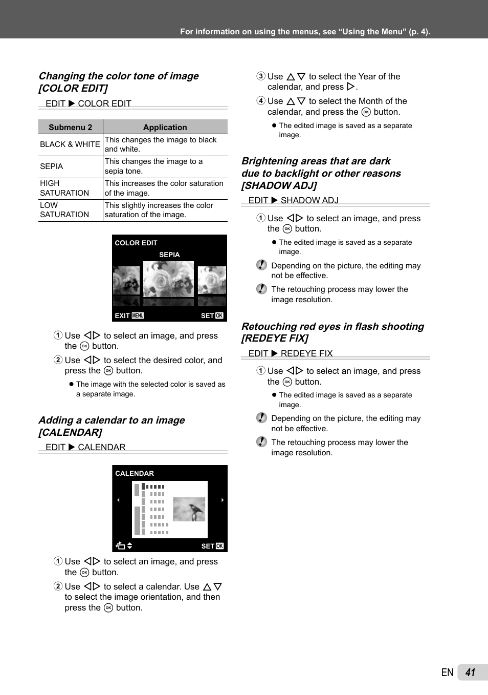 41 en, Changing the color tone of image [color edit, Adding a calendar to an image [calendar | Retouching red eyes in fl ash shooting [redeye fix | Olympus Stylus Tough-8010  EN User Manual | Page 41 / 83