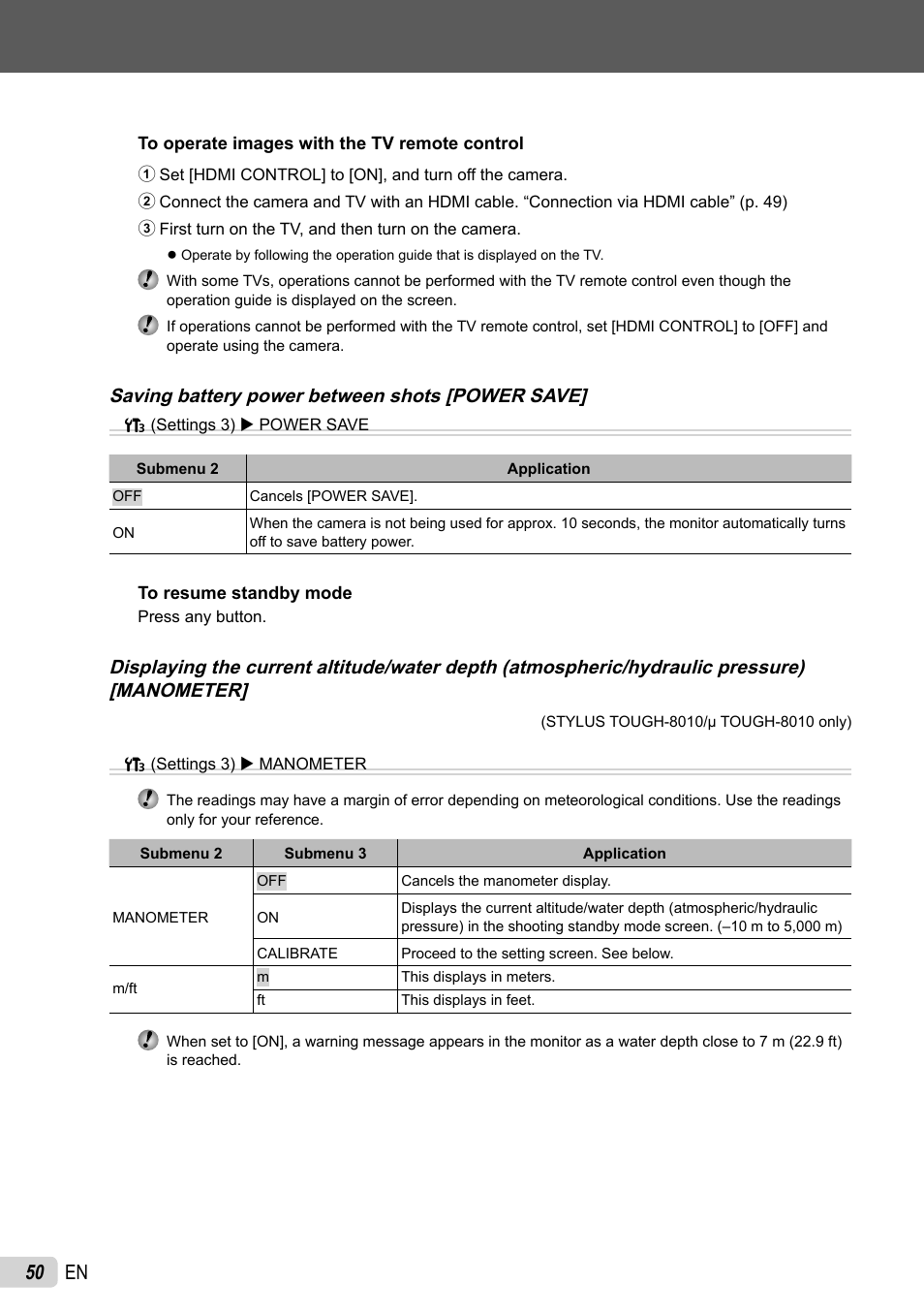 50 en, Saving battery power between shots [power save | Olympus Stylus Tough-8010  EN User Manual | Page 50 / 83