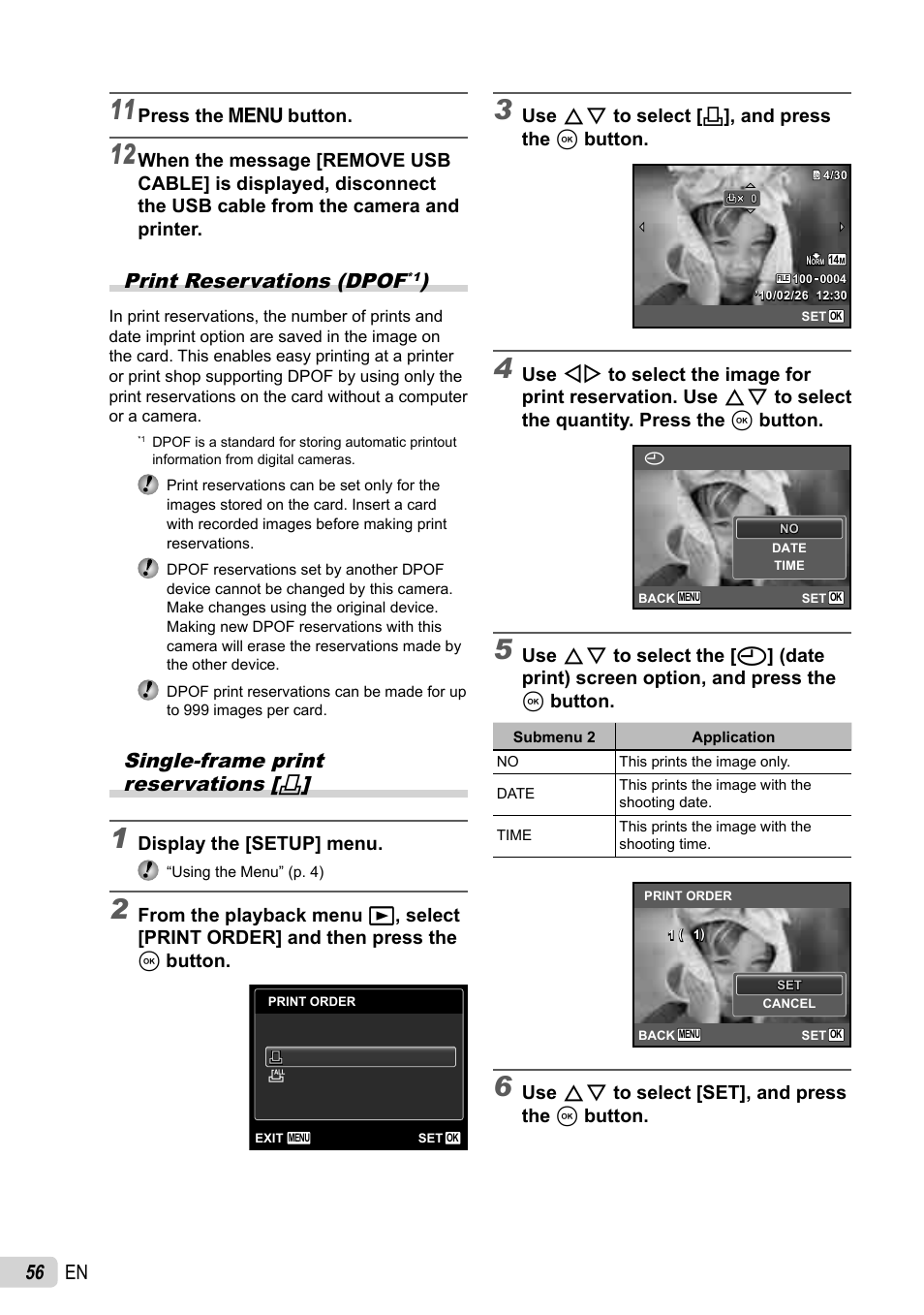 56 en, Print reservations (dpof, Single-frame print reservations | Olympus Stylus Tough-8010  EN User Manual | Page 56 / 83