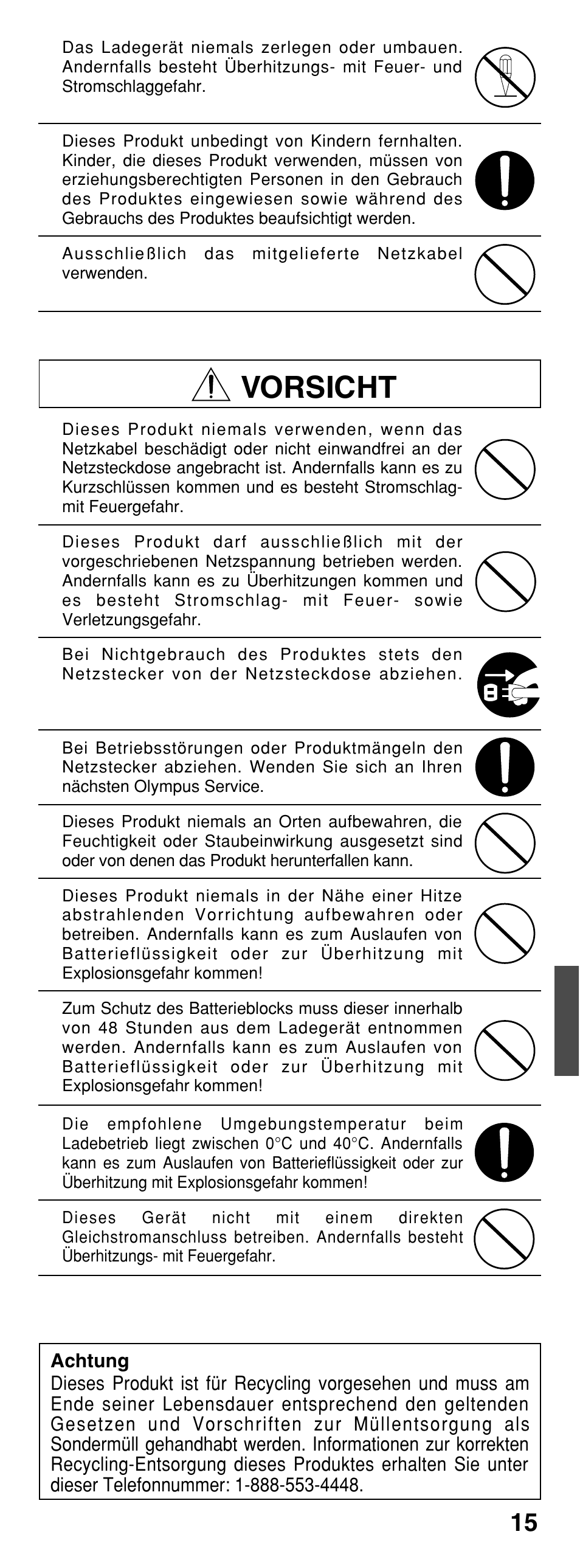 Vorsicht | Olympus CAMEDIA B-20LPC User Manual | Page 15 / 40