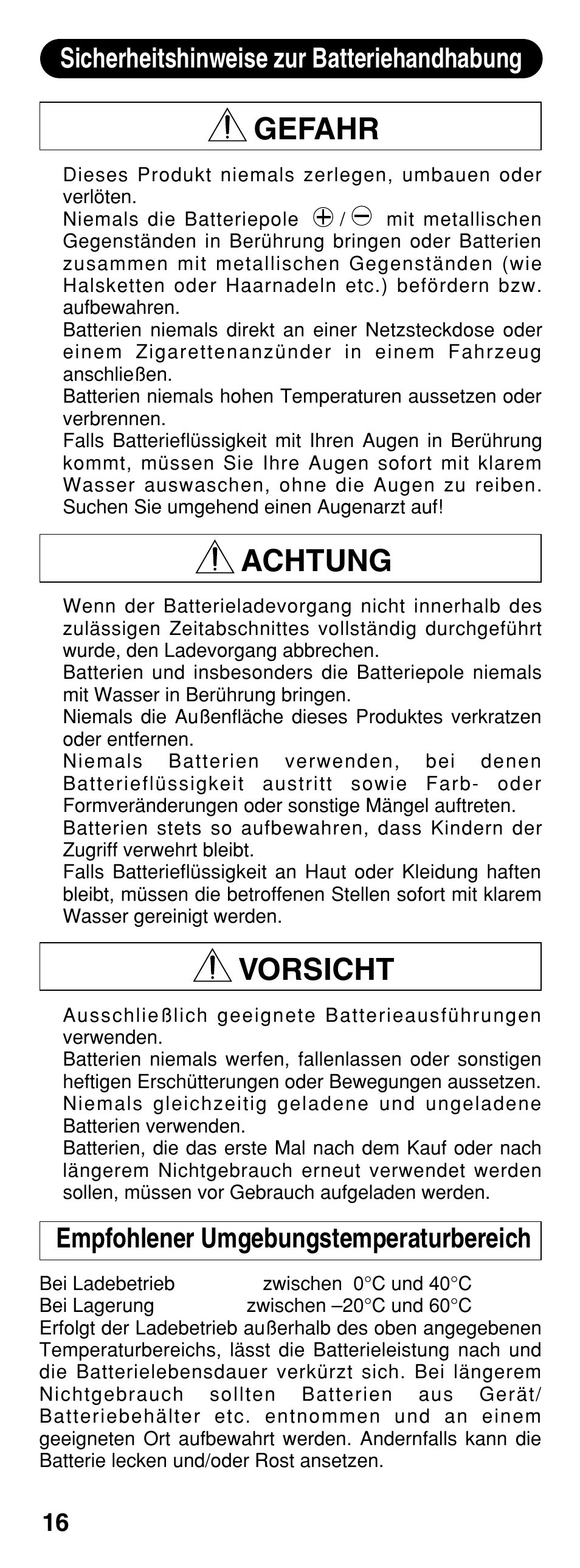 Gefahr, Achtung, Vorsicht | Sicherheitshinweise zur batteriehandhabung, Empfohlener umgebungstemperaturbereich | Olympus CAMEDIA B-20LPC User Manual | Page 16 / 40