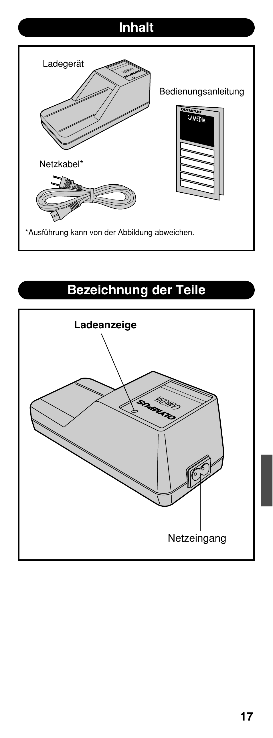 Bezeichnung der teile, Inhalt | Olympus CAMEDIA B-20LPC User Manual | Page 17 / 40