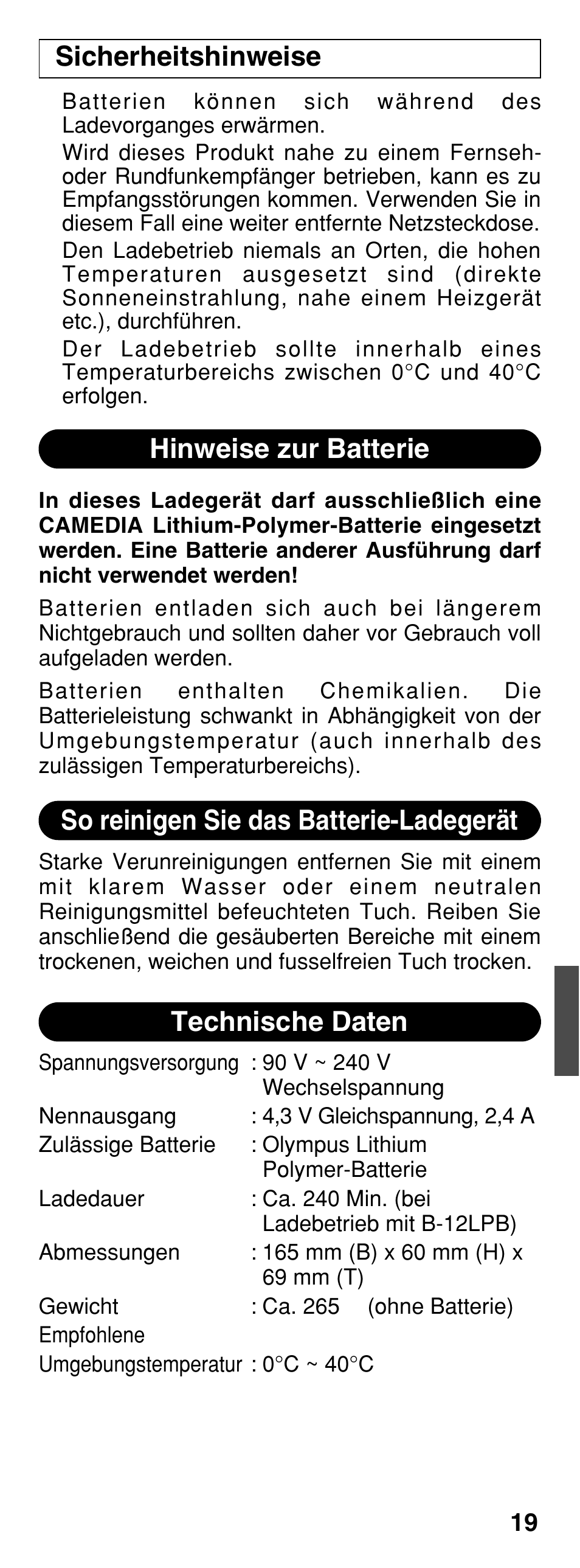 Hinweise zur batterie technische daten, So reinigen sie das batterie-ladegerät, Sicherheitshinweise | Olympus CAMEDIA B-20LPC User Manual | Page 19 / 40