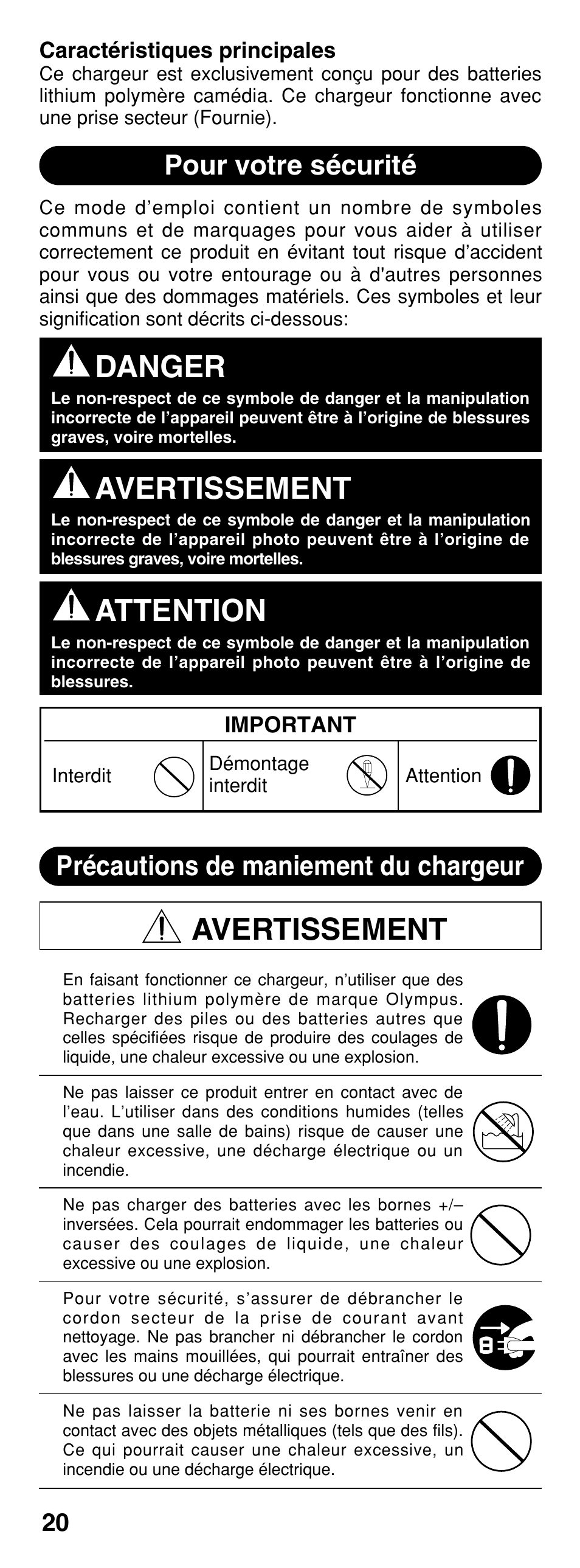 Danger, Avertissement, Attention | Pour votre sécurité, Précautions de maniement du chargeur | Olympus CAMEDIA B-20LPC User Manual | Page 20 / 40