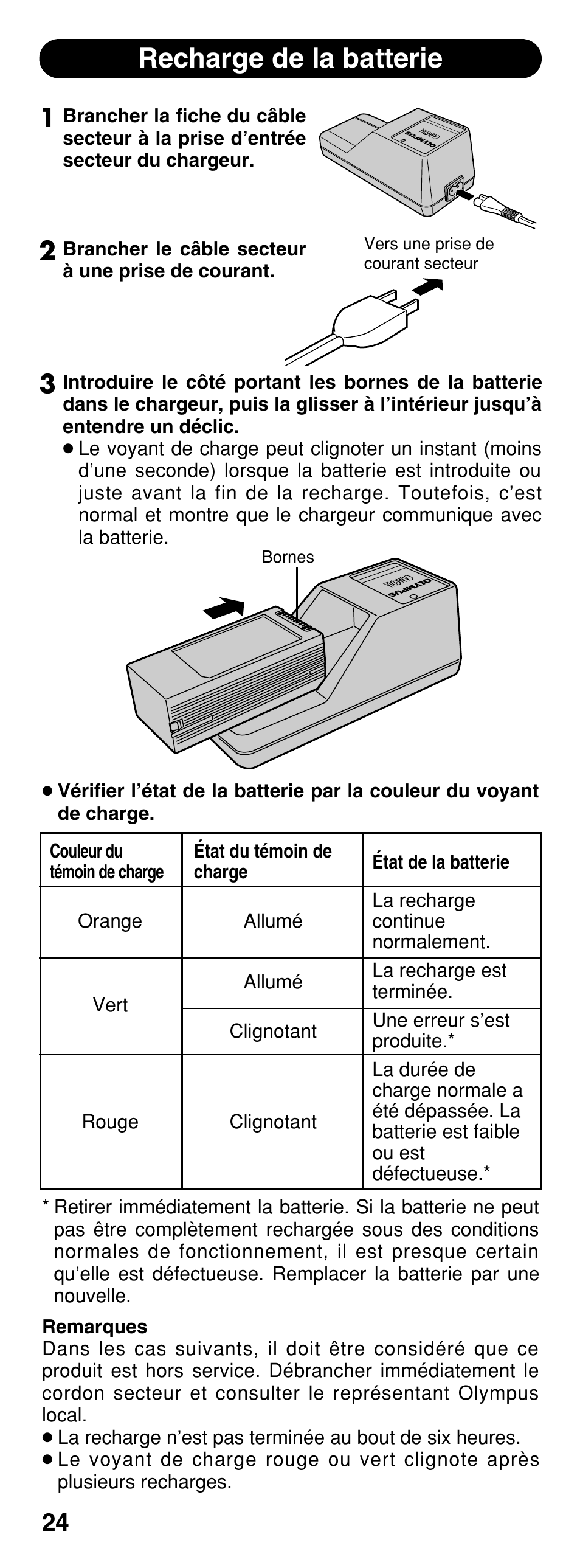 Recharge de la batterie | Olympus CAMEDIA B-20LPC User Manual | Page 24 / 40